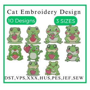 May include: Ten embroidery designs featuring cute cartoon cats holding strawberries. The designs are available in three sizes and in the following formats: DST, VPS, XXX, HUS, PES, JEF, SEW.