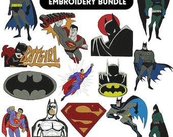 May include: A collection of 150+ superhero embroidery designs in various formats, including DST, VP3, SEW, PES, XXX, and HUS. The designs feature iconic characters like Batman, Superman, and Batgirl.