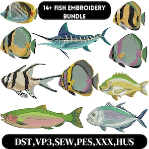 Könnte beinhalten: Ein Set mit über 14 Stickdateien, die verschiedene bunte Fische zeigen, darunter einen Marlin, eine Forelle und eine Vielzahl von tropischen Fischen. Die Designs sind in den Formaten DST, VP3, SEW, PES, XXX und HUS verfügbar.