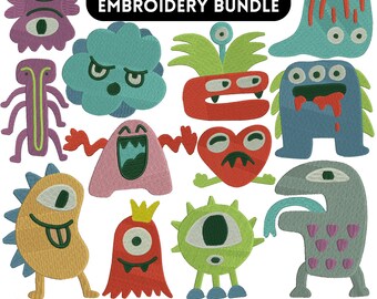 May include: A set of 20+ colorful monster embroidery designs. The designs include a variety of monsters with different colors, shapes, and expressions. The text "20+ MONSTER EMBROIDERY BUNDLE" is at the top of the image. The text "DST,VP3,SEW,PES,XXX,HUS" is at the bottom of the image.