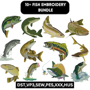Puede incluir: Un conjunto de más de 10 diseños de bordado que representan diferentes especies de peces, incluyendo truchas, lubinas y bagres. Los diseños son de varios colores y estilos, y son perfectos para agregar un toque de fantasía a tus proyectos. El texto "DST,VP3,SEW,PES,XXX,HUS" se muestra en la parte inferior de la imagen.