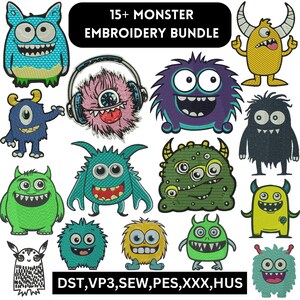 May include: A collection of colorful monster embroidery designs. The designs include various monsters in shades of blue, green, purple, and yellow. The text "15+ MONSTER EMBROIDERY BUNDLE" is displayed at the top. The file types are listed at the bottom.