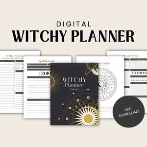 Op de afbeelding: Een digitale printbare heksenplanner met een zwarte omslag met een gouden zon- en maandesign. De planner bevat pagina's voor dagelijkse planning, spreukenjournaal en het bijhouden van de dierenriem. De tekst "WITCHY PLANNER" is in wit op de omslag gedrukt.