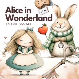 Alicja w krainie czarów clipart Alicja clipart akwarela Alicja przygody szalony kapelusznik spotkanie przy herbacie zjedz mnie wypij mnie biały królik kluczowa ilustracja