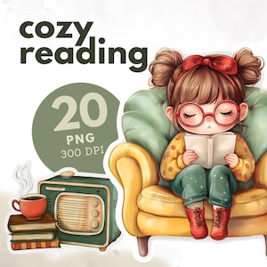 Clipart Chibi, Clipart Lettura Accogliente, PNG Segnalibro, Clipart Kawaii, Adesivi per Libri, Pacchetto Adesivi per Amanti dei Libri, Scarpbooking, Uso Commerciale