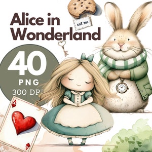 Alice in Wonderland Clipart Alice Clipart Watercolor Alice Kids Clipart Cute Illustration Birthday Clipart, Nursery Decor, Alice PNG Rabbit
