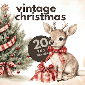 Téléchargement PNG Noël, Noël rétro animaux de la forêt, Scarpbooking vintage, Clipart lapin, Clipart renard, carte de Noël classique,
