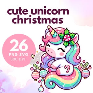 Regenbogen Einhorn Aufkleber, Einhorn PNG, Frohe Weihnachten SVG, Kawaii Aufkleber, Rosa Weihnachten, Chibi Weihnachten PNG, kommerzielle Nutzung
