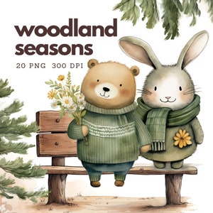 Woodland Animals Clipart Cute Nursery Art Graphics Ours, Renard, Lapin en PNG Boho Woodland Cute Birthday Clipart Aquarelle Nursery Clipart