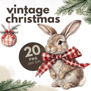 Téléchargement PNG Noël, Noël rétro animaux de la forêt, Scarpbooking vintage, Clipart lapin, Clipart renard, carte de Noël classique,