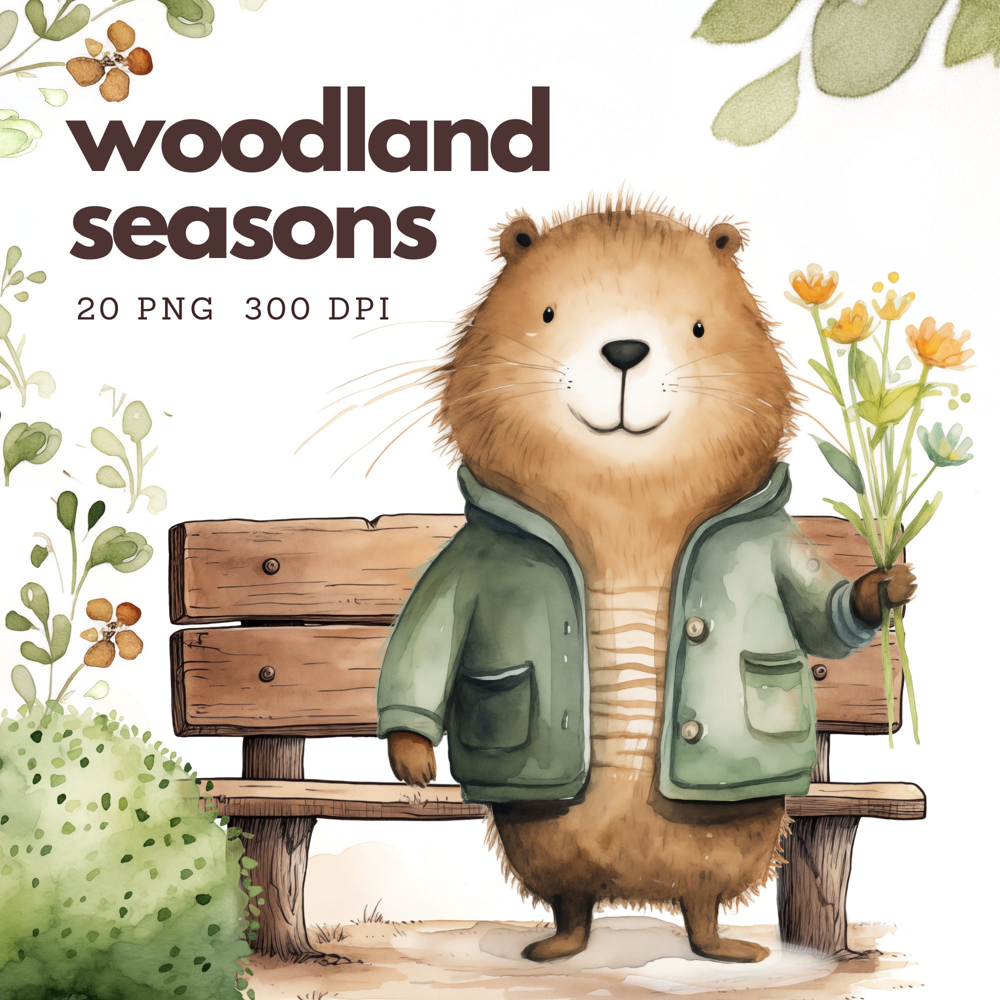 Forest Animals, Woodland Animal Clipart Cute Nursery Art Graphics Bear, Fox, Rabbit in PNG  Birthday Clipart Watercolor Nursery Decor