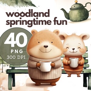 Woodland Animals Clipart Bundle, Cute Nursery Art Graphics contenant ours, renard, raton laveur, lapin, en format PNG et SVG