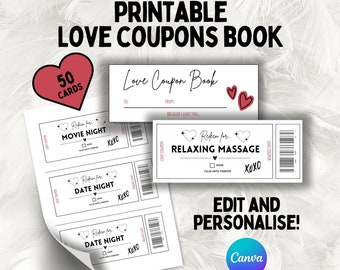 Printable Love Coupons | Love Coupon Book, Love Vouchers, Valentines Day Gift, Anniversary Gift, Gift for Him, DIY Gift, Personalised Coupon