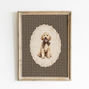 Lámina vintage con retrato de Cockapoo, cuadro de pared estilo granja con estampado de cuadros y motivos campestres.