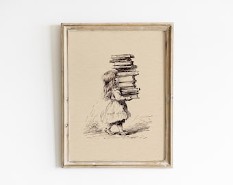 Ilustração vintage de uma menina carregando livros, desenho antigo a tinta, arte literária para parede.
