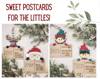 Custom Wooden Postcard Ornament - Personalized Santa, Reindeer & Elves for Kids