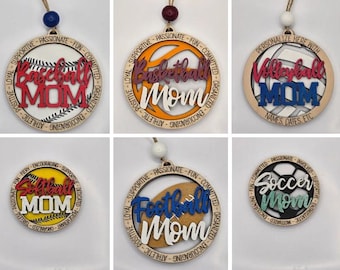 Sports Mom Car Charms and Ornaments - Baseball, Softball, Football, Volleyball, Soccer, Basketball