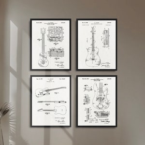 Guitar patents set of 4 prints, Vintage Guitar patent poster, String Musical instrument patent poster, Guitar art print, Music room decor