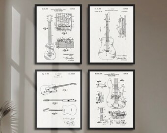 Ensemble de 4 gravures de brevets de guitare, affiche de brevet de guitare vintage, affiche de brevet d'instrument de musique à cordes, impression d'art de guitare, décoration de salle de musique