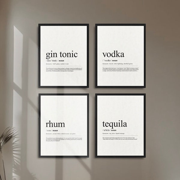 Alcohol definition 4 poster set, Gin Tonic definition print, Vodka definition, Rhum Definition, Tequila definition print, Home bar decor