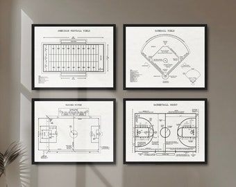 Sports Fields 4 print set, Football Field poster, Baseball Field print, Soccer pitch print, Basketball Court poster, Sport Fields horizontal