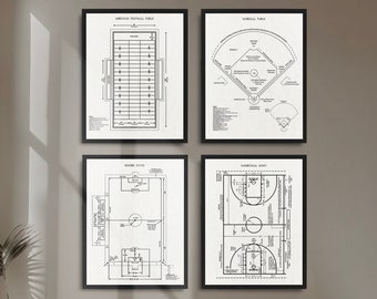 Sport Fields 4 print set, Football Field poster, Baseball Field print, Soccer pitch print, Basketball Court poster, Sport Fields wall decor