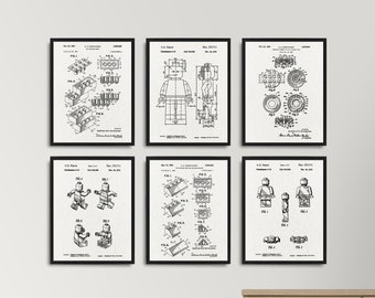 Patent 6-printset speelgoedbouwsteen, vintage patentposters speelgoedfiguur bouwstenen, patent klassieke speelgoedfiguur, kinderdecorafdrukken
