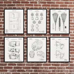 Lacrosse Set mit 6 Drucken, Lacrosse Feldposter, Lacrosse Ball Patent, Lacrosse Schläger, Lacrosse Handschuh, Lacrosse Helm, Lacrosse Tor