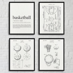 Basketball 4 print set, Basketball definition poster, Basketball court print, Basket Ball patent poster, Basketball goal patent print