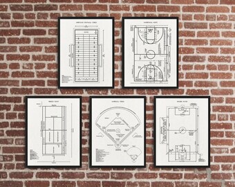 Sport Fields set of 5 prints, Football field poster, Basketball Court print, Tennis Court poster, Baseball Field print, Soccer pitch poster