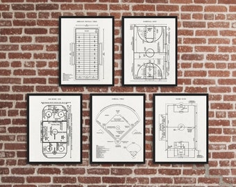 Team Sport Fields set of 5 prints, Football field poster, Basketball Court print, Ice Hockey Rink poster, Baseball Field print, Soccer pitch