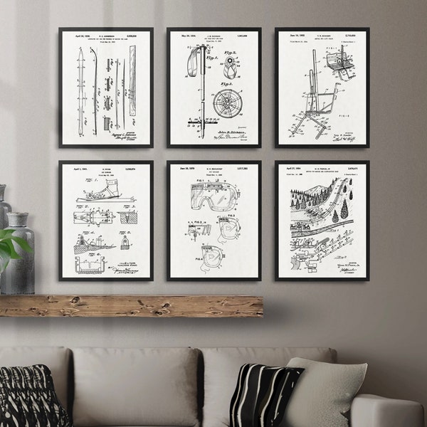 Può includere: Set di sei stampe vintage di brevetti di sci in bianco e nero. Le stampe presentano illustrazioni di attrezzature da sci, tra cui sci, bastoncini da sci, scarponi da sci, occhiali da sci e una seggiovia.