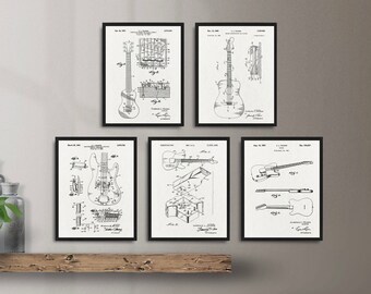 Ensemble d'impressions de 5 brevets de guitare, affiche de brevet de guitare vintage, affiche de brevet d'instrument de musique à cordes, impression d'art de guitare, décoration murale de studio de musique
