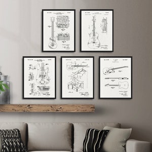 Guitar patents 5 print set, Vintage Guitar patent poster, String Musical instrument patent poster, Guitar art print, Music studio wall decor