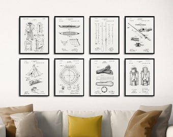 Camping patent set of 8 posters, Canoe patent print, Paddles patent poster, Camping Tent patent print, Hiking poster, outdoors wall decor