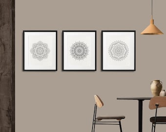 Mandala 3 poster set, Mandala Black and White drawing prints, Mandala illustrations, Zen wall art decor, Meditation and Spiritual home decor