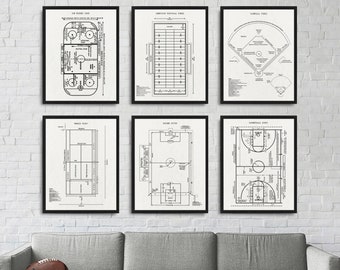 Team Sport Fields set of 6 prints, Ice Hockey Rink, American Football Field, Baseball Field, Tennis Court, Soccer pitch, Basketball Court