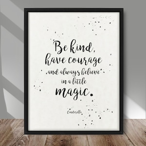 Plakat z cytatem Kopciuszka, wydruk z cytatem Odwaga, fantastyczny plakat z cytatem Wierzę w magię, dekoracja ścienna z cytatem magicznym, wystrój dla dzieci, wystrój pokoju dziecięcego