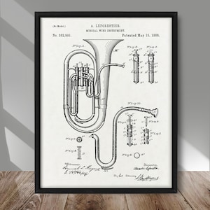 Vintage Horn patent print, Horn patent poster, Musical Wind instrument patent print, Cornet patent print, Musician wall decor, Music decor