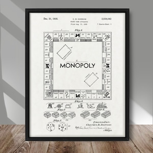 May include: A black and white image of a Monopoly board game patent, dated December 31, 1935. The patent shows the board layout, game pieces, and dice. The patent number is 2,026,082. The inventor is Charles B. Darrow.