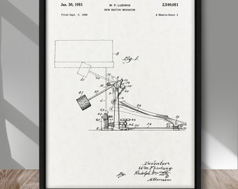 Drum Beating Mechanism patent print, Drum patent poster, Musical instrument patent poster, Rock Band wall art print, Drummer room decor