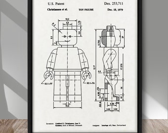 Patentprint speelgoedfiguurblok, vintage patentposter bouwstenen, patentprint klassieke speelgoedfiguur, muurdecoratie bouwstenen, kinderdecor