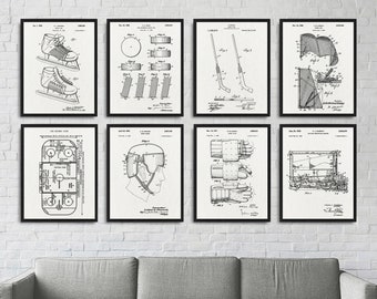 Ice Hockey patents set of 8 posters, Ice Hockey Shoe patent, Ice Hockey puck patent, Ice Hockey Stick, Hockey Goal, Ice Hockey Rink poster