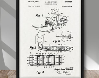 Octrooiposter sneeuwscooter, patent eindeloze baanvoertuig, sneeuwscooterpatentprint, sneeuwscooter wanddecoratie, wintersport wanddecoratie, cabinedecor