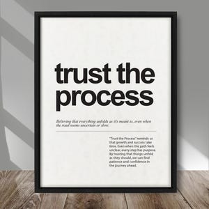 Pode incluir: Uma impressão emoldurada com as palavras "trust the process" em letras pretas em negrito. Abaixo, um texto menor explica o conceito. A impressão está em uma moldura preta, repousando sobre uma superfície de madeira.