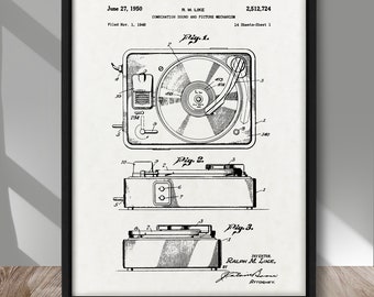 Patentposter platenspeler, patentafdruk fonograafplatenspeler, patent vinylplatenspeler, patent vintage audiomuziek, wanddecoratie muziek