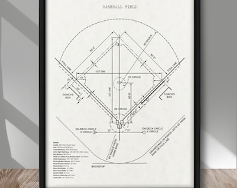 Cartel vintage del campo de béisbol, impresión de patente del campo de béisbol, cartel de dibujo técnico del campo de béisbol, decoración de la pared de béisbol, decoración de la sala deportiva