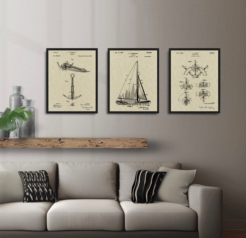 Maritime Sail Boat Patents 3 Poster Set, Vintage Steering Wheel Patent ...