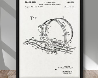 Helical loop Racing Track Assembly patent poster, Racing Toy Car patent print, Vintage Toy Vehicle patent poster, Race Toy car patent print
