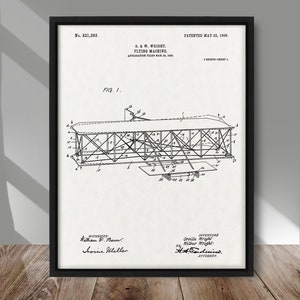 Wright Brothers Flying Machine patent print, Vintage Flying Machine 1906 patent poster, Vintage Plane wall art decor, Airplane home decor